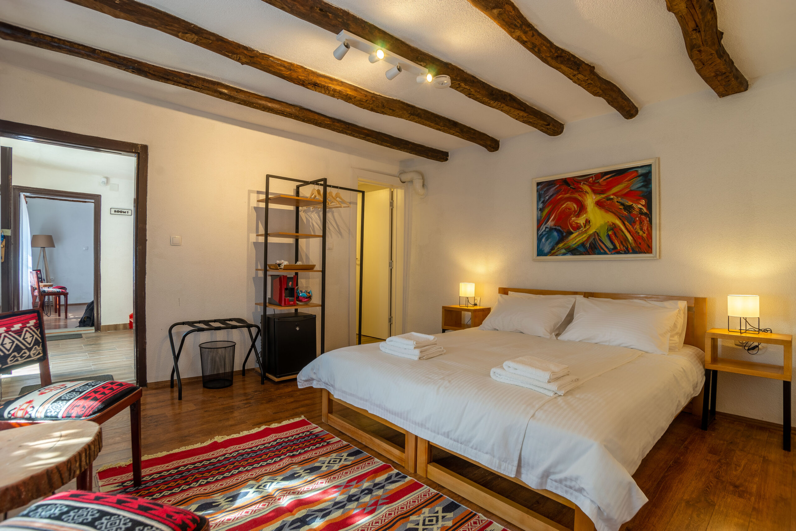 apartment interior with bedpost lamp