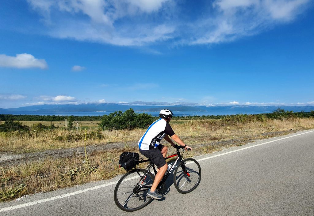 hybrid cyclist riding near prespa lake