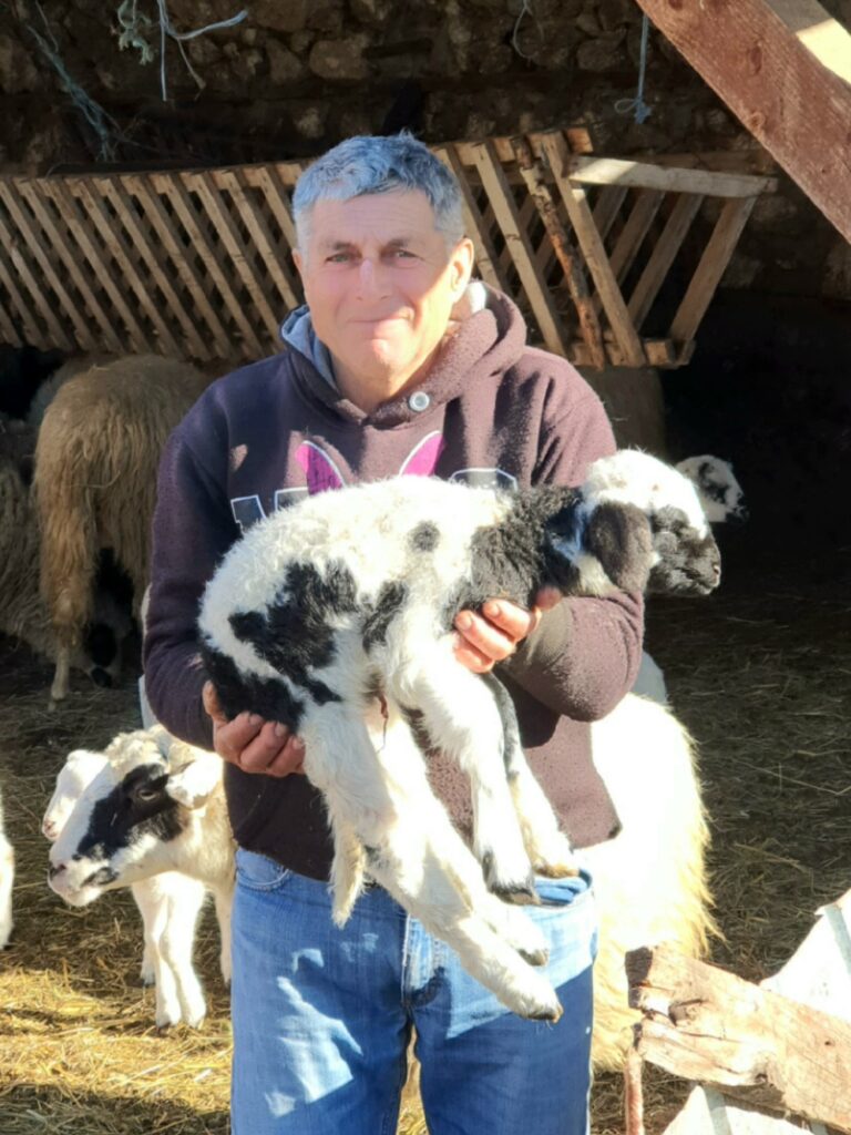 Shepperd smiling and carrying black and white lamb