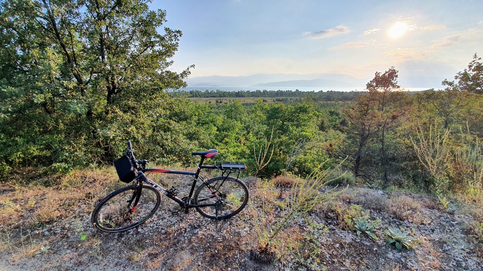 panorama of prespa with parked bike